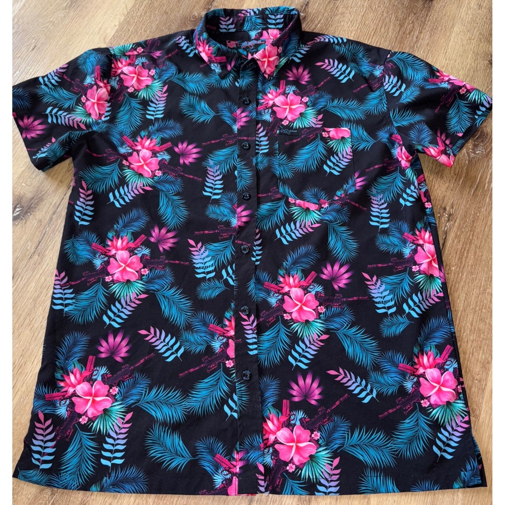 Retro Tropics Floral Button Up Shirt Tropical Palm Tree Print Short‎ Sleeve L